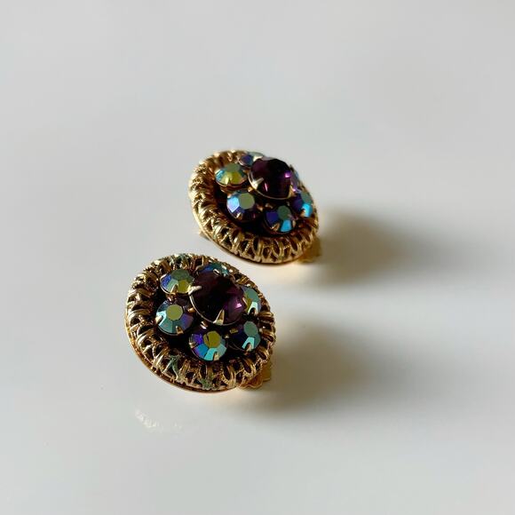 Vintage Aurora Borealis Rhinestone Clip On Earrings Blue Gold - Picture 3 of 11